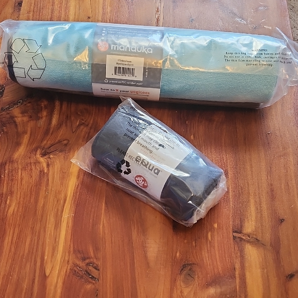 Manduka Yoga Towel For Mat & Hand Towel Set - Aqua and Charcoal Hot Yoga